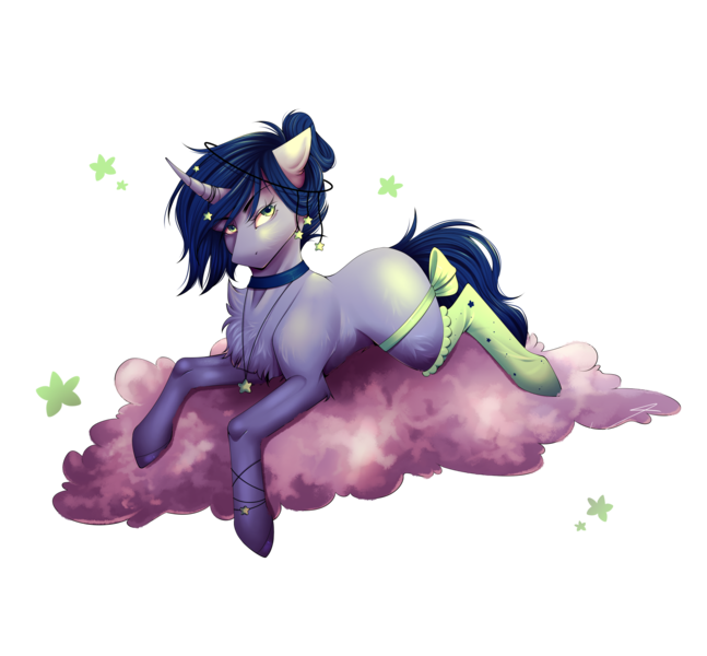 Size: 2884x2674 | Tagged: safe, artist:lunciakkk, derpibooru import, oc, oc:hoshi, unofficial characters only, unicorn, clothes, cloud, collar, commission, garter belt, image, png, simple background, socks, solo, stars, transparent background