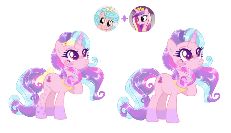 Size: 2990x1724 | Tagged: safe, artist:mint-light, artist:vernorexia, derpibooru import, cozy glow, princess cadance, oc, pony, unicorn, alternate design, blue mane, blushing, body markings, bow, commission, facial markings, female, freckles, fusion, g4, gradient hooves, gradient horn, hair bow, heart, horn, image, long mane, mare, multicolored hair, pastel, pink mane, png, purple mane, simple background, tail, tail bow, transparent background