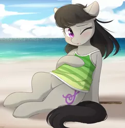 Size: 1167x1200 | Tagged: safe, artist:higgly-chan, derpibooru import, octavia melody, earth pony, pony, beach, blushing, clothes, cute, female, hot, image, mare, ocean, one eye closed, png, sand, solo, summer, swimsuit, tavibetes, water