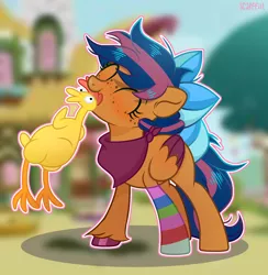 Size: 1850x1894 | Tagged: safe, artist:scarffist, derpibooru import, oc, oc:solar comet, unofficial characters only, pegasus, pony, bandana, bow, clothes, freckles, hair bow, image, jpeg, rubber chicken, shake, sock, socks, solo, striped socks, tail, tail bow, wings