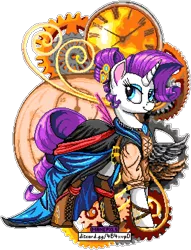 Size: 1028x1348 | Tagged: safe, artist:epicvon, artist:ncmares, derpibooru import, rarity, pony, unicorn, alternate hairstyle, bedroom eyes, boots, bracelet, clock, clothes, dress, eyeshadow, female, gears, image, jewelry, looking at you, majestic, makeup, manepxls, mare, pixel art, png, pxls.space, raised leg, shoes, simple background, smiling, solo, steampunk, style emulation, transparent background