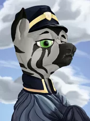 Size: 1281x1724 | Tagged: safe, artist:aaronmk, derpibooru import, oc, zebra, equestria at war mod, bust, clothes, cloud, facial hair, hat, image, moustache, png, portrait, robes, sky, uniform