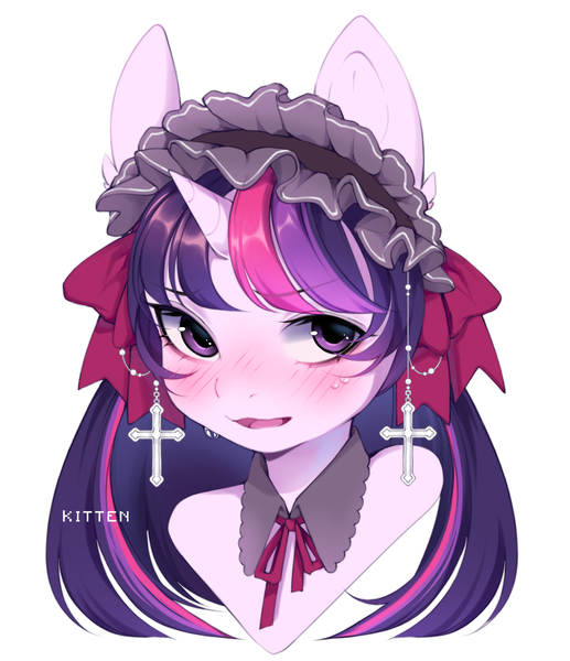 Size: 1188x1380 | Tagged: safe, artist:kitten-in-the-jar, derpibooru import, twilight sparkle, semi-anthro, blushing, bust, clothes, cross, cute, ear fluff, female, image, maid, maid headdress, pigtails, png, portrait, ribbon, solo, sweat, twiabetes