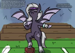 Size: 2100x1500 | Tagged: safe, artist:hemlock conium, derpibooru import, oc, oc:nightfall star-tail, unofficial characters only, bat pony, pony, clothes, digital art, female, hoofball, image, jpeg, mare, school of friendship, simple background, simple shading, solo, sports, text