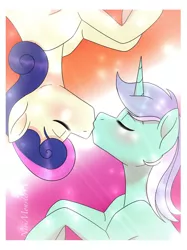 Size: 900x1201 | Tagged: safe, artist:nivimonster, derpibooru import, bon bon, lyra heartstrings, sweetie drops, pony, female, image, jpeg, kissing, lesbian, lyrabon, shipping, upside down kiss