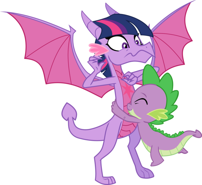 Size: 1280x1173 | Tagged: safe, artist:ponygamer2020, derpibooru import, spike, twilight sparkle, dragon, :s, colored wings, cute, dragonified, ear fluff, female, hair, horn, hug, image, looking at you, male, mama twilight, multicolored wings, png, shipping, simple background, smiling, smiling at you, solo, species swap, spikabetes, spikelove, straight, transparent background, twiabetes, twilidragon, twispike, uncomfortable, vector, wavy mouth, wings