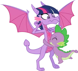 Size: 1280x1173 | Tagged: safe, artist:ponygamer2020, derpibooru import, spike, twilight sparkle, dragon, :s, colored wings, cute, dragonified, ear fluff, female, hair, horn, hug, image, looking at you, male, mama twilight, multicolored wings, png, shipping, simple background, smiling, smiling at you, solo, species swap, spikabetes, spikelove, straight, transparent background, twiabetes, twilidragon, twispike, uncomfortable, vector, wavy mouth, wings