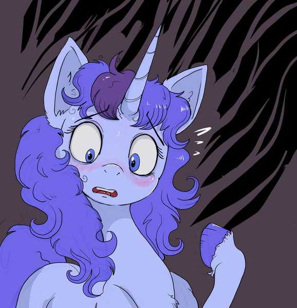 Size: 1325x1375 | Tagged: safe, artist:paskanaakka, derpibooru import, oc, oc:midnight dew, unofficial characters only, pony, unicorn, abstract background, blushing, derpibooru exclusive, ear fluff, eyebrows, eyebrows visible through hair, female, horn, image, mare, nervous, open mouth, png, raised hoof, solo, sweat, unicorn oc, unshorn fetlocks