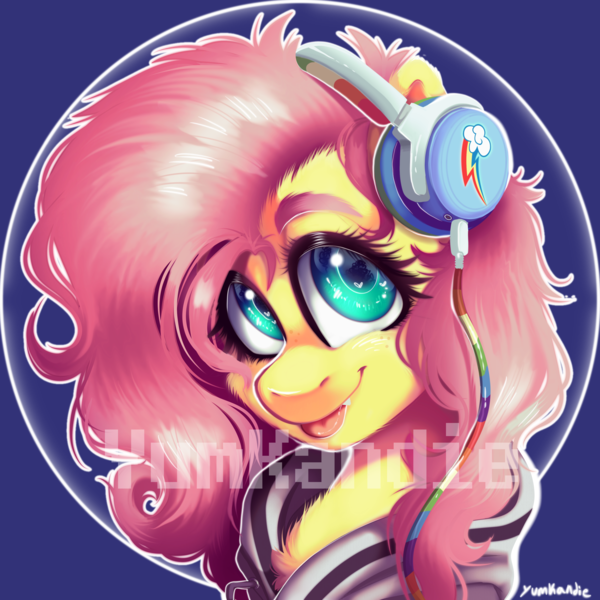 Size: 3500x3500 | Tagged: safe, artist:yumkandie, derpibooru import, fluttershy, pegasus, pony, :p, bust, cheek fluff, chest fluff, clothes, cute, fangs, freckles, headphones, high res, hoodie, image, implied flutterdash, implied lesbian, implied shipping, png, portrait, shyabetes, solo, tongue out, watermark