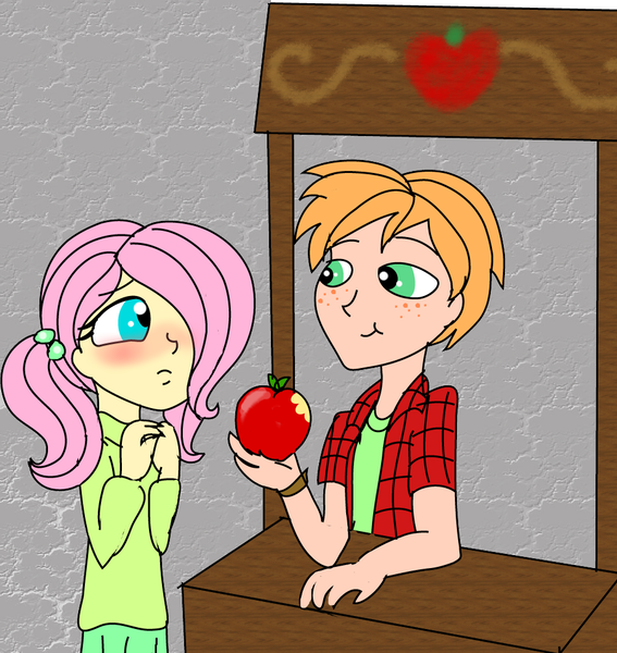 Size: 952x1008 | Tagged: safe, artist:purfectprincessgirl, derpibooru import, big macintosh, fluttershy, equestria girls, 2014, apple, blushing, eating, female, fluttermac, food, gray background, hair over one eye, image, looking at each other, looking at someone, male, old art, png, shipping, simple background, story included, straight, traditional art, younger