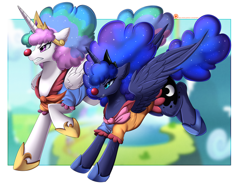 Size: 3217x2527 | Tagged: safe, artist:pridark, derpibooru import, princess celestia, princess luna, alicorn, the cutie re-mark, afro, alternate timeline, chaotic timeline, clown, clown celestia, clown luna, clown nose, female, high res, image, majestic as fuck, png, red nose, royal sisters, scene interpretation, siblings, sisters