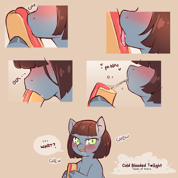 Size: 1200x1200 | Tagged: suggestive, artist:cold-blooded-twilight, derpibooru import, oc, oc:bitterpill, pony, blushing, colt, dialogue, drool, drool string, eating, foal, food, hot dog, image, kissing, licking, male, meat, png, sausage, suggestive eating, tongue out