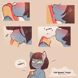 Size: 1200x1200 | Tagged: suggestive, artist:cold-blooded-twilight, derpibooru import, oc, oc:bitterpill, pony, blushing, colt, dialogue, drool, drool string, eating, foal, food, hot dog, image, kissing, licking, male, meat, png, sausage, suggestive eating, tongue out