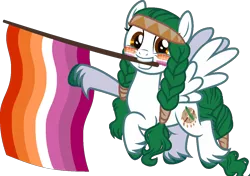Size: 1262x887 | Tagged: safe, artist:yeetmedownthestairs, derpibooru import, oc, oc:olivia leaf, unofficial characters only, pegasus, pony, cute, face paint, female, flag, freckles, grin, headband, image, lesbian pride flag, mare, mouth hold, png, pride, pride flag, pride month, simple background, smiling, solo, transparent background, unshorn fetlocks