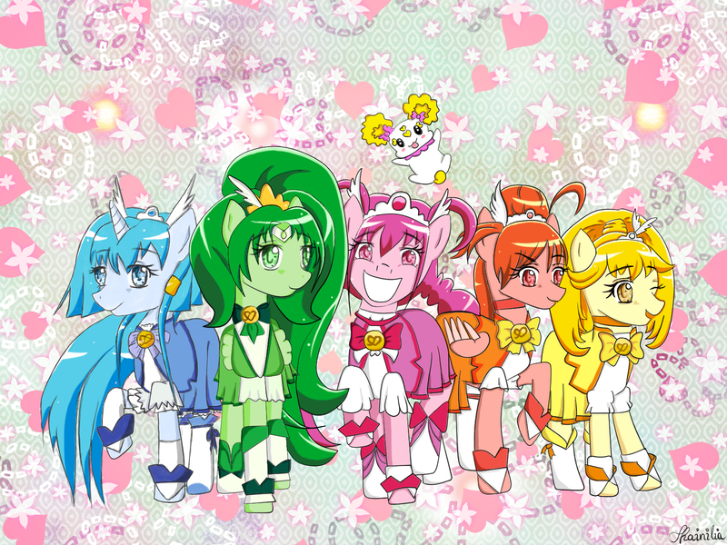 Size: 1600x1200 | Tagged: safe, artist:shainilia, derpibooru import, ponified, earth pony, pegasus, pony, unicorn, 2016, akane hino, anime, candy (smile precure), clothes, cure beauty, cure happy, cure march, cure peace, cure sunny, female, flower, heart, horn, image, jpeg, mare, miyuki hoshizora, nao midorikawa, old art, precure, raised hoof, reika aoki, smile precure, smiling, wings, yayoi kise