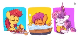 Size: 3888x1960 | Tagged: safe, artist:fanzeem, derpibooru import, apple bloom, scootaloo, sweetie belle, earth pony, pegasus, pony, unicorn, abstract background, adorabloom, bathing, blueberry, brush, brushing, bubble, bubble bath, cute, cutealoo, cutie mark crusaders, diasweetes, eyes closed, female, filly, foal, food, fruit, image, jpeg, juice, messy mane, morning ponies, plushie, rubber duck, signature, spread wings, strawberry, syrup, tired, unshorn fetlocks, waffle, whipped cream, wings