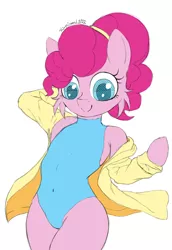 Size: 880x1280 | Tagged: safe, artist:fajnyziomal, derpibooru import, pinkie pie, earth pony, semi-anthro, alternate hairstyle, cheek fluff, clothes, commission, image, jpeg, one-piece swimsuit, smiling, solo, swimsuit, your character here