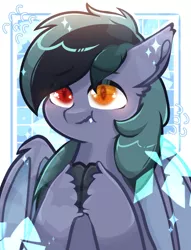 Size: 916x1200 | Tagged: safe, artist:iamsmileo, derpibooru import, oc, oc:scrimmy, unofficial characters only, bat pony, pony, bat pony oc, bat wings, cute, eyebrows, eyebrows visible through hair, fangs, heterochromia, image, looking at you, male, ocbetes, png, solo, stallion, unshorn fetlocks, wings