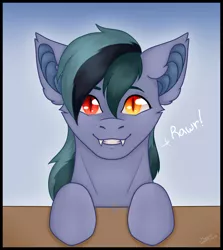 Size: 1827x2048 | Tagged: safe, artist:mustarddreams, derpibooru import, oc, oc:scrimmy, unofficial characters only, bat pony, pony, bat pony oc, bat wings, cute, dialogue, fangs, heterochromia, image, jpeg, looking at you, male, simple background, smiling, smiling at you, solo, stallion, table, text, wings