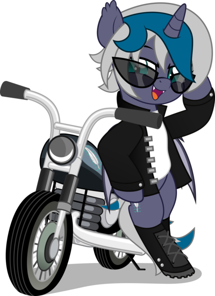 Size: 3625x5000 | Tagged: safe, artist:jhayarr23, derpibooru import, oc, oc:elizabat stormfeather, unofficial characters only, alicorn, bat pony, bat pony alicorn, pony, alicorn oc, badass, bat pony oc, bat wings, bipedal, boots, clothes, commission, cool, fangs, female, horn, image, jacket, leather jacket, mare, motorcycle, open mouth, png, shirt, shoes, simple background, solo, sunglasses, t-shirt, transparent background, wings, ych result