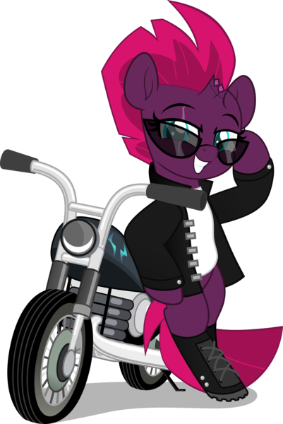 Size: 3337x4999 | Tagged: safe, artist:jhayarr23, derpibooru import, fizzlepop berrytwist, tempest shadow, pony, unicorn, badass, bipedal, boots, broken horn, clothes, commission, cool, eye scar, female, grin, horn, image, jacket, leather jacket, mare, motorcycle, png, scar, shirt, shoes, simple background, smiling, solo, sunglasses, t-shirt, transparent background, ych result