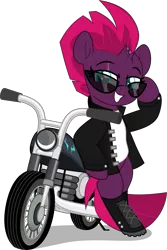 Size: 3337x4999 | Tagged: safe, artist:jhayarr23, derpibooru import, fizzlepop berrytwist, tempest shadow, pony, unicorn, badass, bipedal, boots, broken horn, clothes, commission, cool, eye scar, female, grin, horn, image, jacket, leather jacket, mare, motorcycle, png, scar, shirt, shoes, simple background, smiling, solo, sunglasses, t-shirt, transparent background, ych result