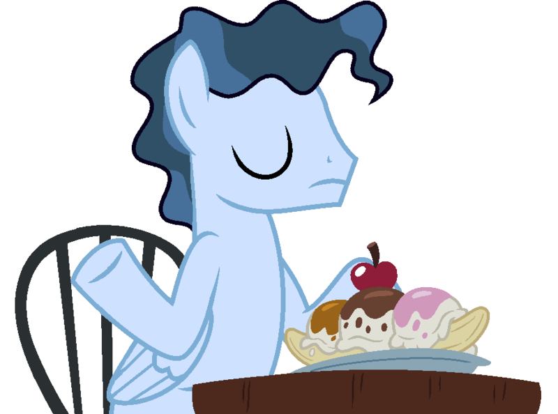 Size: 932x692 | Tagged: safe, artist:moonlightthegriffon, derpibooru import, edit, time flies, pegasus, pony, background pony, banana split, base used, chair, food, image, male, png, shrug, solo, stallion, sundae, table