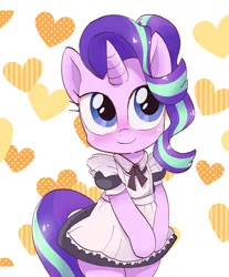 Size: 1986x2400 | Tagged: safe, artist:k-nattoh, derpibooru import, starlight glimmer, pony, unicorn, bipedal, clothes, cute, female, glimmerbetes, heart, heart background, horn, image, jpeg, maid, mare, simple background, smiling, solo, white background