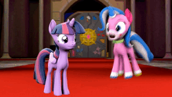 Size: 1280x720 | Tagged: safe, artist:pika-robo, derpibooru import, twilight sparkle, twilight sparkle (alicorn), ponified, alicorn, pony, unicorn, 3d, animated, cheek squish, cheek to cheek, collar, crossover, cute, cute little fangs, dialogue, dilated pupils, duo, duo female, exclamation point, eye shimmer, eyebrows, fangs, female, floating heart, flying, friendshipping, frown, gasp, happy, heart, hug, image, kiss on the cheek, kissing, looking at each other, looking at someone, mare, mythology gag, no sound, not shipping, open mouth, open smile, pink text, platonic kiss, revamped ponies, sequel, shrunken pupils, simple background, smiling, source filmmaker, sparkles, squishy cheeks, starry eyes, surprise kiss, surprised, tail, tail wag, talking, unikitty, unikitty! (tv series), varying degrees of want, voice actor joke, webm, wingding eyes