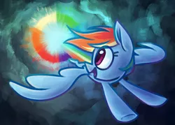 Size: 1400x1000 | Tagged: safe, artist:gektix, derpibooru import, rainbow dash, pegasus, pony, cloud, eye clipping through hair, female, flying, image, lightly watermarked, looking back, mare, open mouth, open smile, png, rainbow, smiling, solo, sonic rainboom, spread wings, watermark, wings