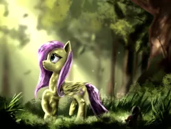 Size: 4000x3000 | Tagged: safe, artist:andley, derpibooru import, fluttershy, pegasus, female, forest, grass, image, leaves, lost, png, solo, sun ray, tree