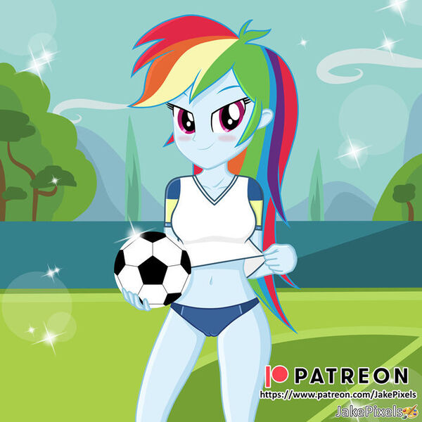 Size: 706x706 | Tagged: questionable, artist:jakepixels, derpibooru import, rainbow dash, equestria girls, balls, belly button, blushing, cameltoe, clothes, cute, dashabetes, football, image, jpeg, looking at you, midriff, no pants, nudity, panties, patreon, patreon logo, shirt, shirt lift, smiling, smiling at you, sports, stupid sexy rainbow dash, underwear