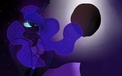 Size: 874x544 | Tagged: safe, artist:manglethemangledtoy, derpibooru import, nightmare moon, anthro, clothes, eclipse, female, horn, image, jpeg, moon, night, solar eclipse, sparkles, stars, wings