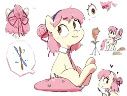 Size: 2500x1900 | Tagged: safe, artist:nendo, derpibooru import, oc, oc:lily clay, oc:リリークレイ, unofficial characters only, earth pony, pony, barrette, bow, clay, collar, craft, earth pony oc, hair bow, hair bun, heart, high res, hoof hold, image, necktie, png, reference sheet, sculpture, sitting, solo