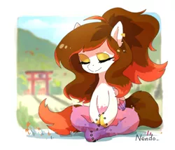 Size: 2385x2040 | Tagged: safe, artist:nendo, derpibooru import, unnamed character, unnamed pony, oc, unnamed oc, unofficial characters only, pegasus, pony, colored hooves, eyes closed, high res, image, lotus position, meditating, meditation, outdoors, pegasus oc, png, sitting, torii, wings