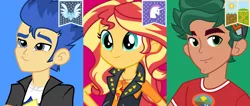 Size: 1302x554 | Tagged: safe, artist:bb-k, derpibooru import, edit, official, flash sentry, sunset shimmer, timber spruce, earth pony, human, pegasus, unicorn, equestria girls, equestria girls series, hearth's warming eve (episode), legend of everfree, banner, blue background, bust, camp everfree logo, camp everfree outfits, earth pony tribe, eyes closed, female, flag, flower, green background, green eyes, hat, image, jewelry, looking at you, male, object, pegasopolis, pegasus tribe, png, red background, regalia, simple background, smiling, smirk, sun, sunflower, transparent background, unicorn tribe, unicornia