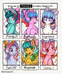 Size: 1715x2048 | Tagged: safe, artist:mscolorsplash, derpibooru import, buttons (g1), fizzy, galaxy (g1), gingerbread, masquerade (g1), sweet stuff, earth pony, pegasus, pony, unicorn, six fanarts, female, g1, grin, image, jpeg, mare, one eye closed, smiling, wink