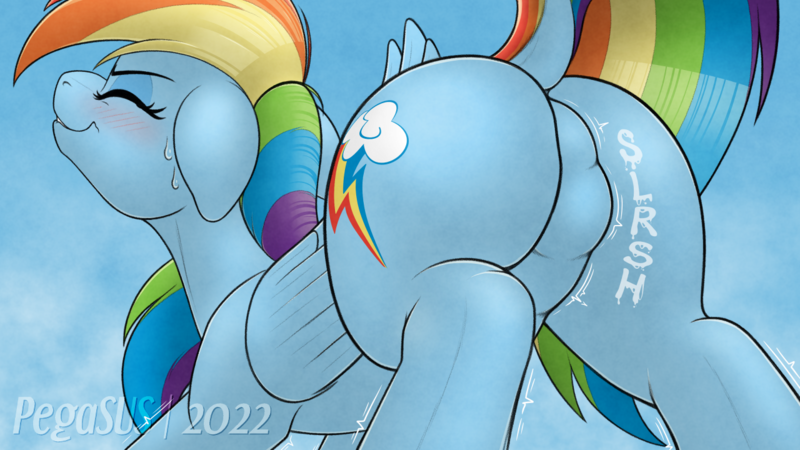 Size: 1280x720 | Tagged: questionable, artist:suspega, derpibooru import, rainbow dash, pegasus, pony, 3/4 view, ass up, blue background, blushing, butt, dock, eyes closed, featureless crotch, female, floppy ears, furrowed brow, image, lip bite, mare, micro, onomatopoeia, plot, png, rainbutt dash, raised tail, rear view, simple background, size difference, sky, solo, struggling, stupid sexy rainbow dash, sweat, sweatdrops, tail, tail aside, trembling, unknown prey, vore