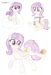 Size: 1300x1920 | Tagged: safe, artist:roseluck, derpibooru import, oc, oc:morning glory (project horizons), unofficial characters only, pegasus, pony, fallout equestria, fallout equestria: project horizons, book, box, cloud, colored pencil drawing, fanfic art, female, folded wings, full body, holding, image, looking at something, mare, on a cloud, pegasus oc, png, simple background, sitting, sitting on cloud, smiling, solo, standing, tail, traditional art, underhoof, white background, wings