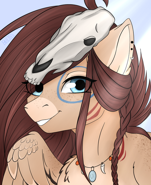 Size: 3017x3693 | Tagged: safe, artist:bellfa, derpibooru import, oc, oc:ondrea, unofficial characters only, pegasus, pony, blue eyes, braid, brown hair, bust, ear piercing, eye clipping through hair, female, freckles, grin, high res, image, jewelry, looking at you, mare, necklace, pegasus oc, piercing, png, portrait, skull, smiling, smiling at you, solo, tribal, wings