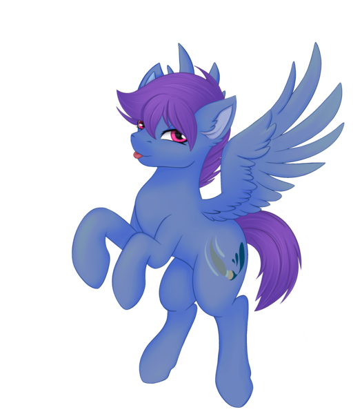 Size: 2626x3000 | Tagged: safe, alternate version, artist:bellfa, derpibooru import, oc, oc:windy dripper, unofficial characters only, pegasus, pony, commission, ear fluff, eyelashes, feathered wings, full body, high res, image, looking at you, male, original art, pink eyes, png, purple hair, raised leg, simple background, smiling, smiling at you, solo, spread wings, stallion, standing, tongue out, transparent background, wings, ych result