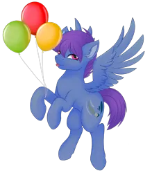 Size: 2626x3000 | Tagged: safe, alternate version, artist:bellfa, derpibooru import, oc, oc:windy dripper, unofficial characters only, pegasus, pony, balloon, commission, ear fluff, eyelashes, feathered wings, full body, high res, image, looking at you, male, original art, pink eyes, png, purple hair, raised leg, simple background, smiling, smiling at you, solo, spread wings, stallion, standing, tongue out, transparent background, wings, ych result