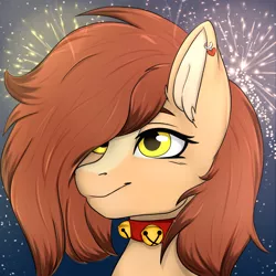 Size: 4050x4050 | Tagged: safe, artist:bellfa, derpibooru import, oc, unofficial characters only, pony, bell, bell collar, brown hair, bust, collar, commission, ear fluff, ear piercing, eyelashes, female, hair over one eye, high res, image, original art, piercing, png, portrait, smiling, solo, solo female, ych result, yellow eyes