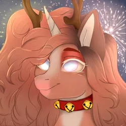 Size: 4050x4050 | Tagged: safe, artist:bellfa, derpibooru import, oc, unofficial characters only, pony, bell, bell collar, brown hair, bust, collar, commission, empty eyes, female, high res, horn, horns, image, makeup, original art, png, portrait, solo, solo female, sparks, ych result
