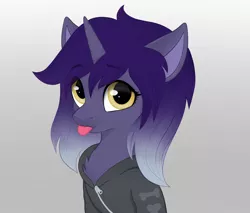 Size: 4514x3848 | Tagged: safe, artist:bellfa, derpibooru import, oc, oc:blissful eve, unofficial characters only, pony, unicorn, bust, clothes, commission, eyelashes, female, gradient background, gradient hair, high res, hoodie, horn, image, jacket, looking at you, mare, offspring, parent:oc:dust rock, parent:oc:nyx, parents:oc x oc, png, portrait, purple hair, simple background, solo, solo female, tongue out, unicorn oc, wide eyes, ych result, yellow eyes