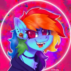 Size: 3500x3500 | Tagged: safe, artist:yumkandie, derpibooru import, rainbow dash, pegasus, pony, abstract background, alternate hairstyle, choker, clothes, ear piercing, eyebrow piercing, eyebrow slit, eyebrows, female, hoodie, image, jpeg, mare, nose piercing, nose ring, piercing, solo, spiked choker, tongue piercing