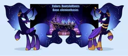 Size: 3356x1476 | Tagged: safe, artist:gothalite, derpibooru import, oc, unofficial characters only, alicorn, pony, alicorn oc, base used, clothes, constellation, dress, duo, ear piercing, earring, ethereal mane, female, horn, horn ring, image, jewelry, jpeg, looking back, mare, piercing, raised hoof, ring, starry mane, wings