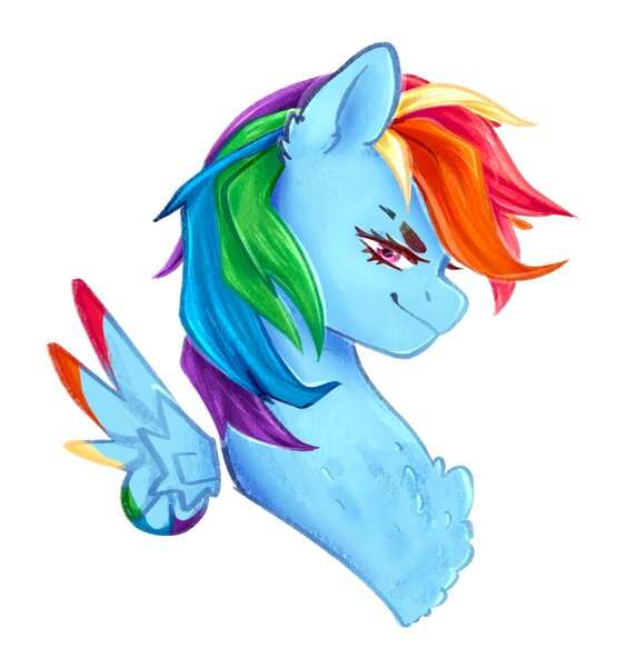 Size: 1599x1677 | Tagged: safe, artist:damayantiarts, derpibooru import, rainbow dash, pegasus, pony, bust, chest fluff, eyelashes, female, floating wings, image, jpeg, mare, simple background, smug, solo, white background, wings