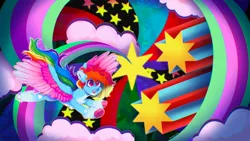 Size: 2048x1152 | Tagged: safe, artist:yumkandie, derpibooru import, rainbow dash, pegasus, pony, alternate design, coat markings, colored wings, female, flying, image, jpeg, psychedelic, solo, song reference, starry eyes, the beatles, wingding eyes, wings