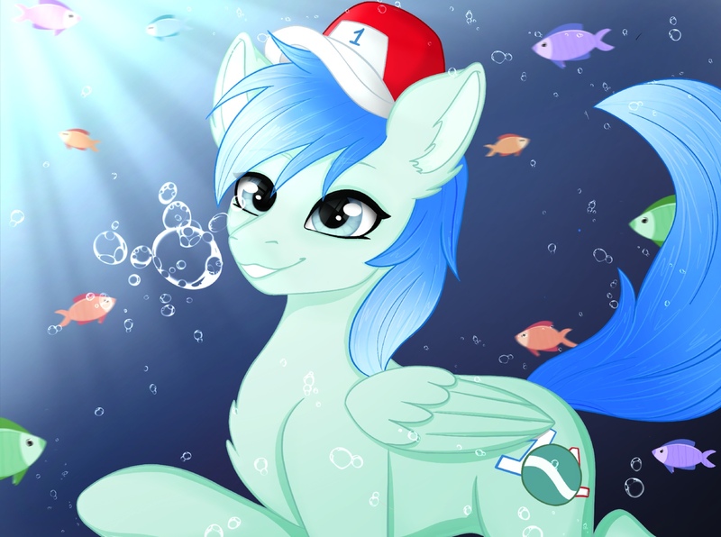 Size: 1600x1192 | Tagged: safe, artist:bellfa, derpibooru import, oc, unofficial characters only, fish, pony, blue eyes, blue hair, blue mane, bubble, cap, chest fluff, commission, crepuscular rays, ear fluff, flowing tail, folded wings, gradient hair, hat, image, jpeg, looking at you, male, ocean, original art, smiling, smiling at you, solo, solo male, sunlight, swimming, tail, underwater, water, wings, ych result